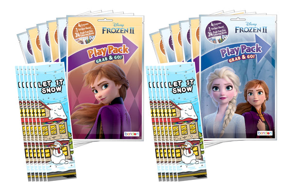 Bundle of 12 Disney Frozen 2 Grab & Go Play Packs and 12 KaleidoQuest 'Let It Snow' Winter-Themed Colorable Bookmarks