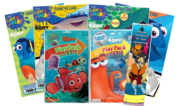 Bundle of 7 Ocean-Themed Coloring and Activity Items - Four Finding Dory Coloring Books, Finding Nemo & Dory Grab & Go Play Packs, KaleidoQuest Ocean-Themed Colorable Bookmark